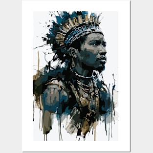 Tribal African Warrior in Costume with Spear in Ink Painting Style Posters and Art